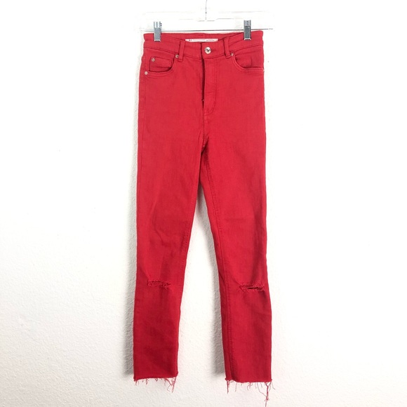 Zara Trf Red Skinny Jeans High Rise Ripped Raw Hem 2